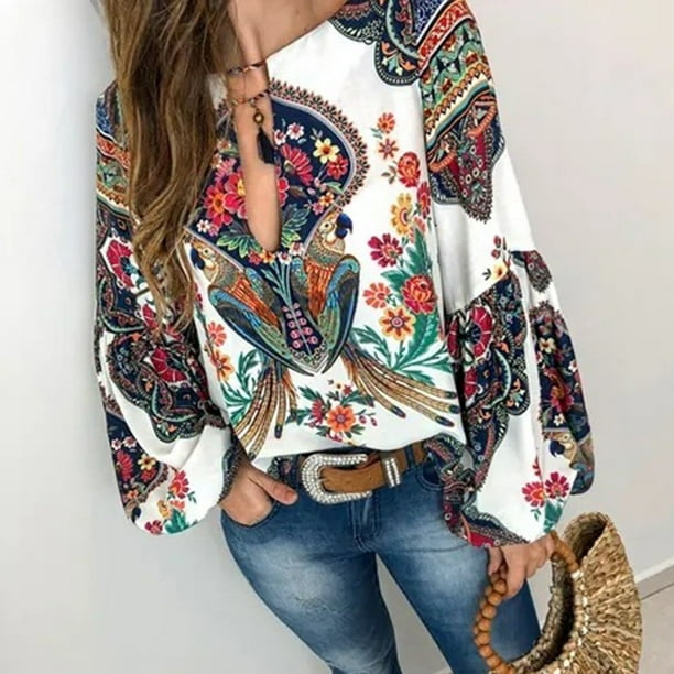 Long Boho Floral V-Neck Women S-5XL T Shirt Sleeve Blouse Lantern Tops Oversize Long Boho Floral V-Neck Women S-5XL T Shirt Sleeve Blouse Lantern Tops Oversize